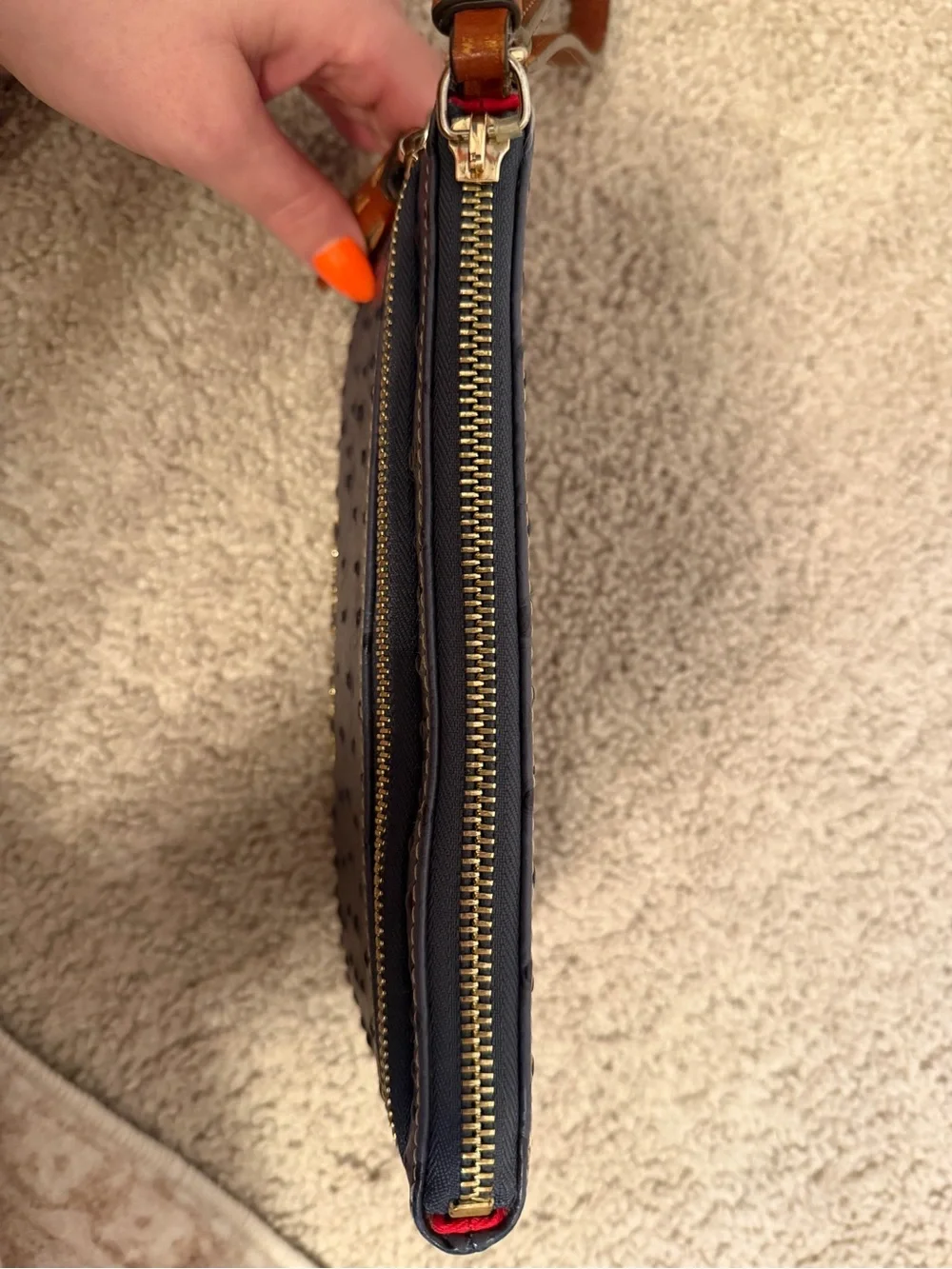 Dooney & Bourke Navy Ostrich-Texture Leather Wristlet with Brown Strap